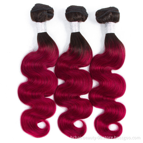 1B/Burgundy Ombre Body Wave Bundles With Frontal Closure 2 Tone Non Remy Brazilian Hair Weave Colored 3 Bundles With Frontal
